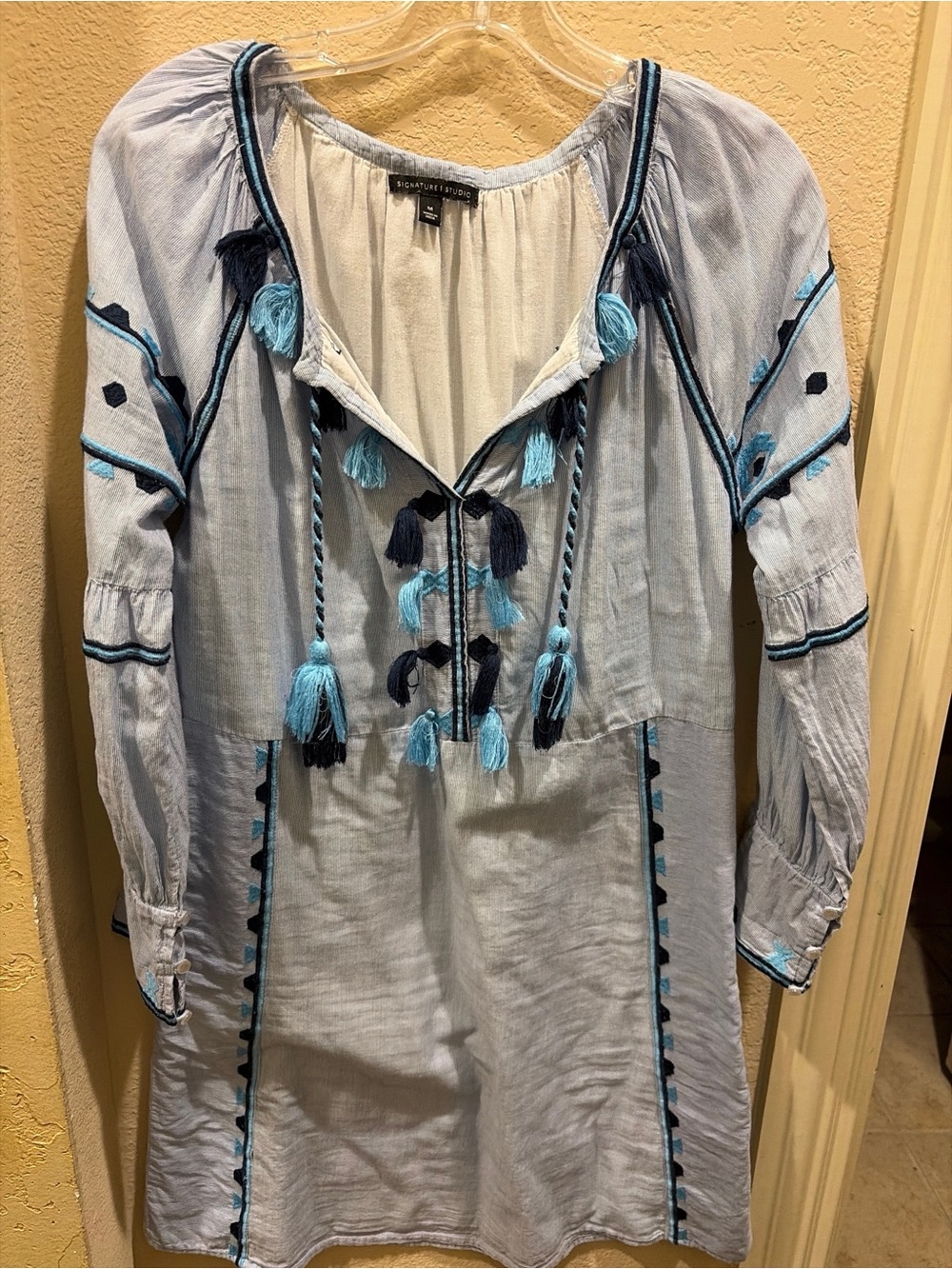 Signature Studio Light Blue Embroidered Dress with Tassel Detail